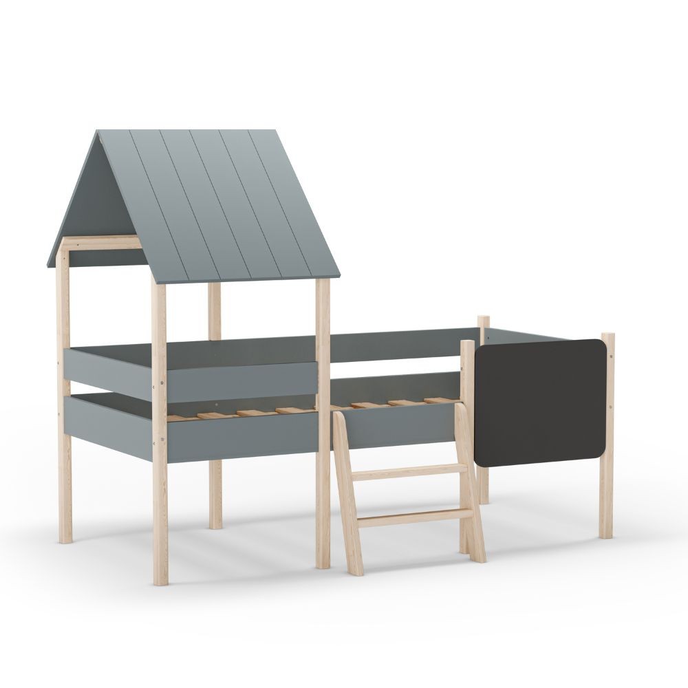 Letto a castello singolo Mint in legno massiccio con lavagnetta colore verde cachi e pino
