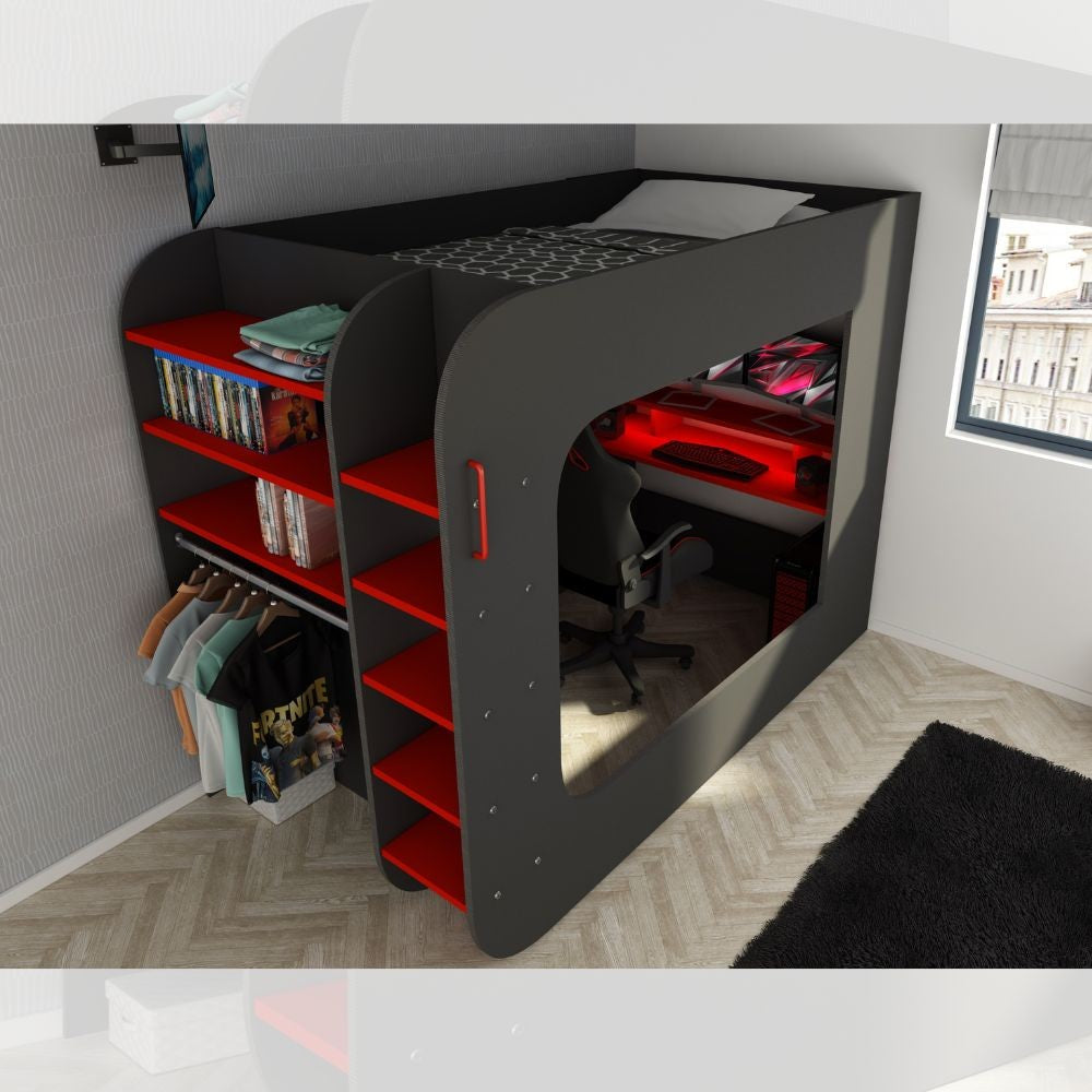 Letto a soppalco 5000 con postazione gamer reversibile antracite rosso