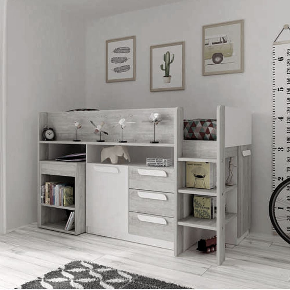 Letto a soppalco 6020 bianco antracite con scrivania estraibile reversibile