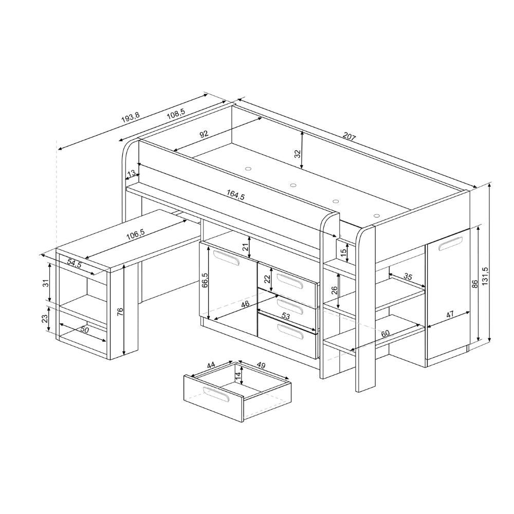 Letto a soppalco 6020 bianco antracite con scrivania estraibile reversibile