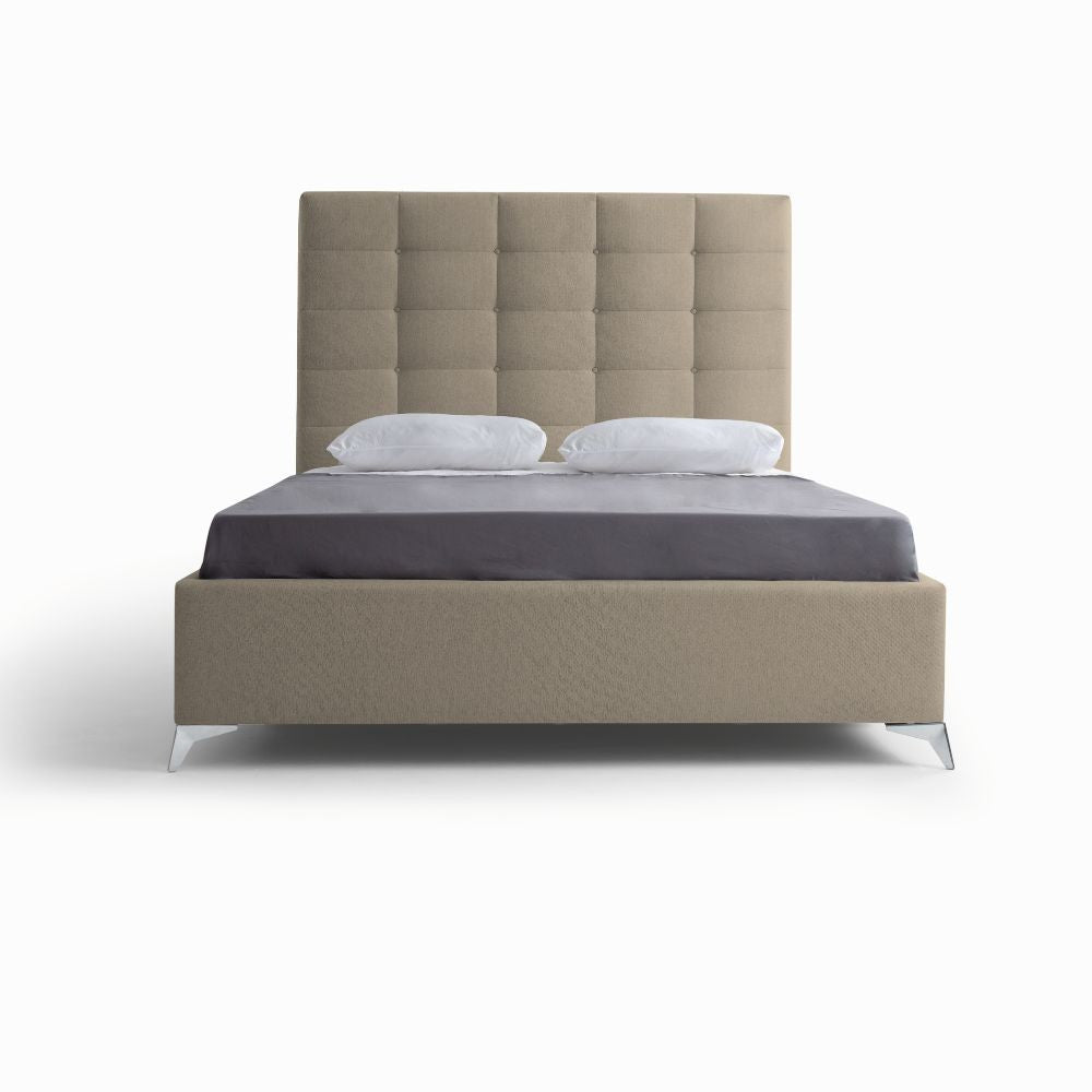 Letto matrimoniale Napoli Grande imbottito con contenitore in tessuto barrel 09 cappuccino con bottoni