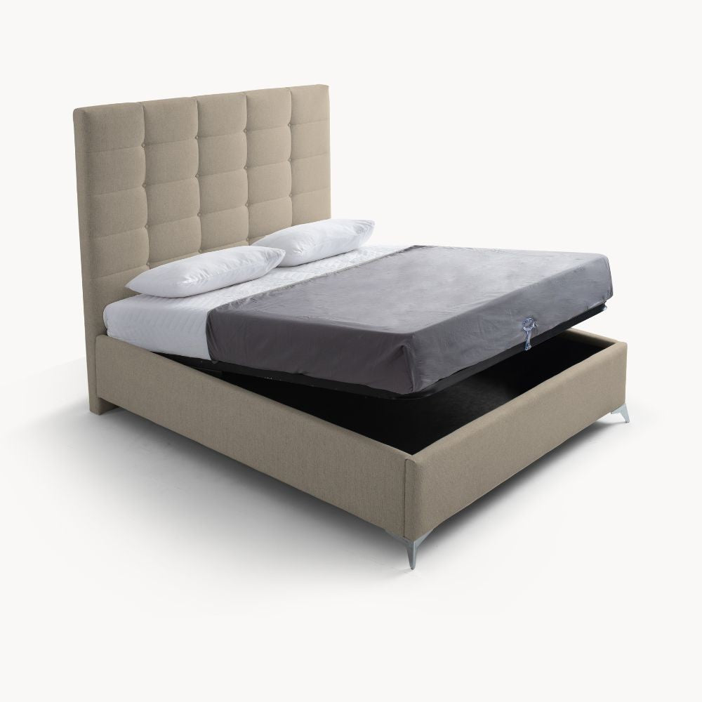 Letto matrimoniale Napoli Grande imbottito con contenitore in tessuto barrel 09 cappuccino con bottoni