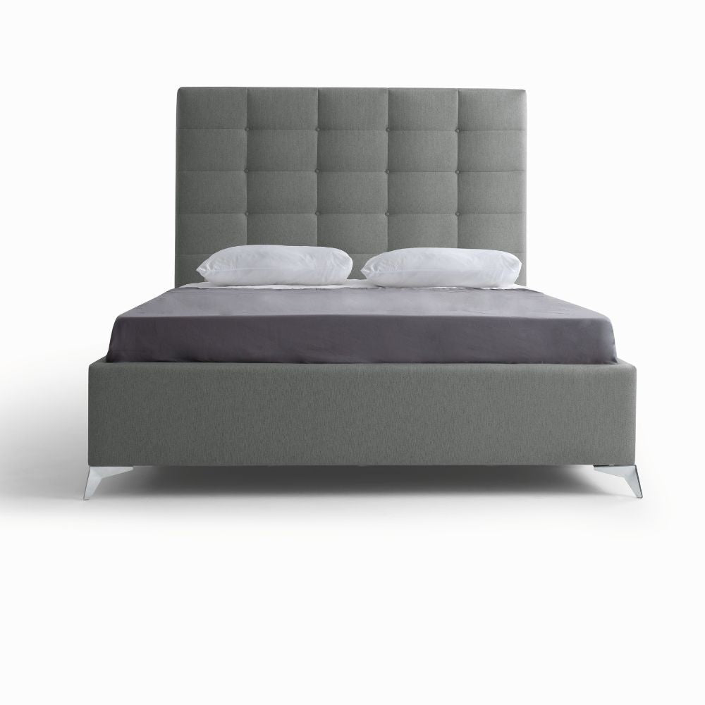 Letto matrimoniale Napoli Grande imbottito con contenitore in tessuto barrel 83 grigio chiaro con bottoni