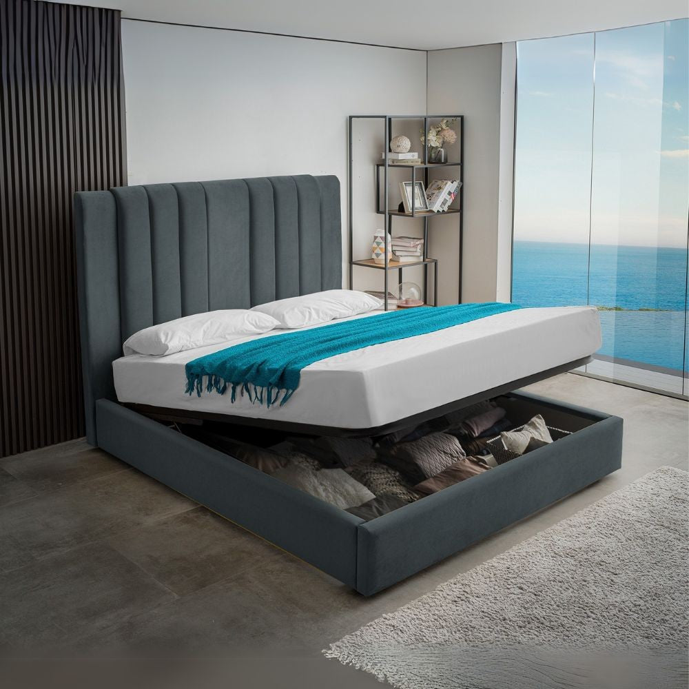 Letto matrimoniale Wilma imbottito con contenitore in tessuto Vogue 12 blu pacific