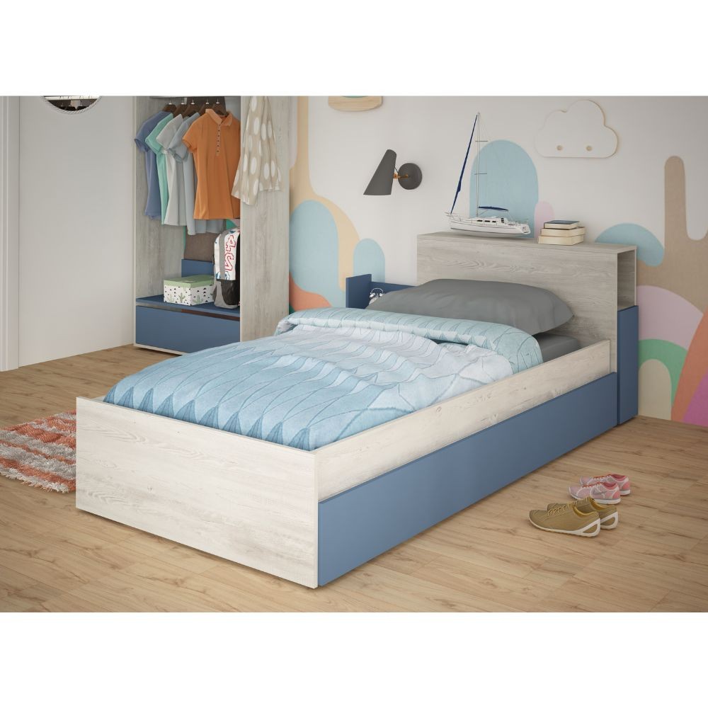 Letto singolo 1660 bianco celeste con comodino estraibile