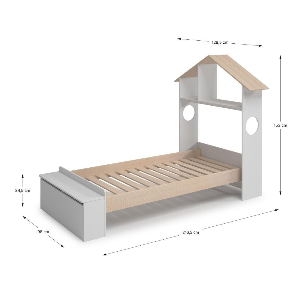 Letto singolo Odessa con testiera casetta e pediera contenitore in legno massiccio colore bianco