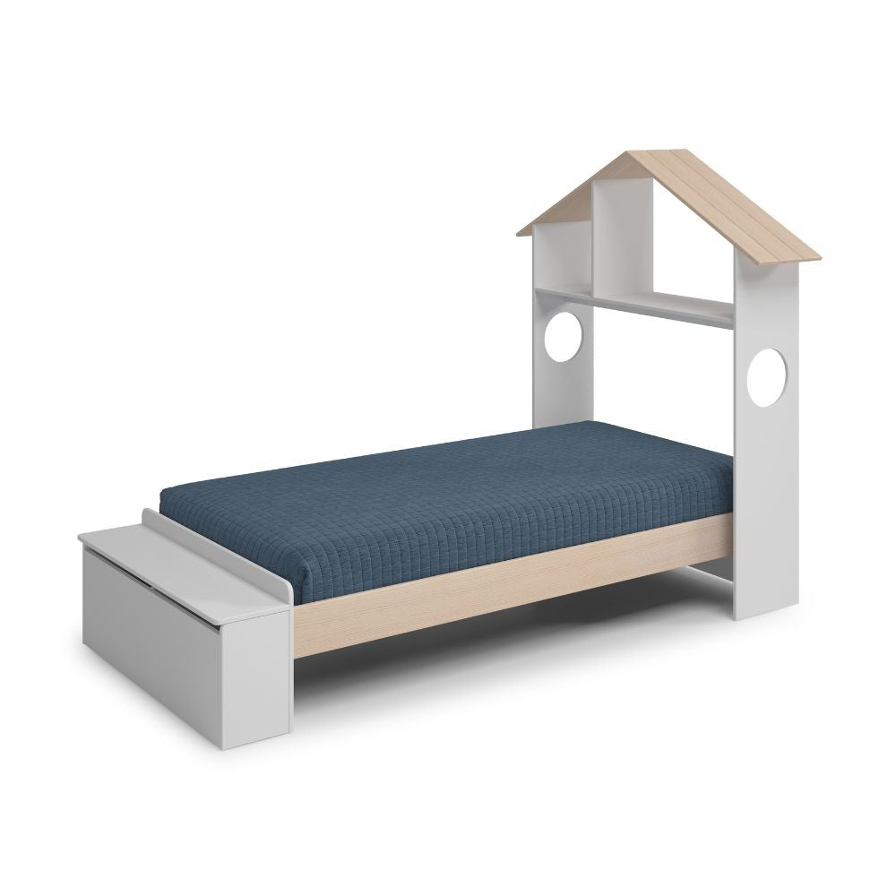 Letto singolo Odessa con testiera casetta e pediera contenitore in legno massiccio colore bianco