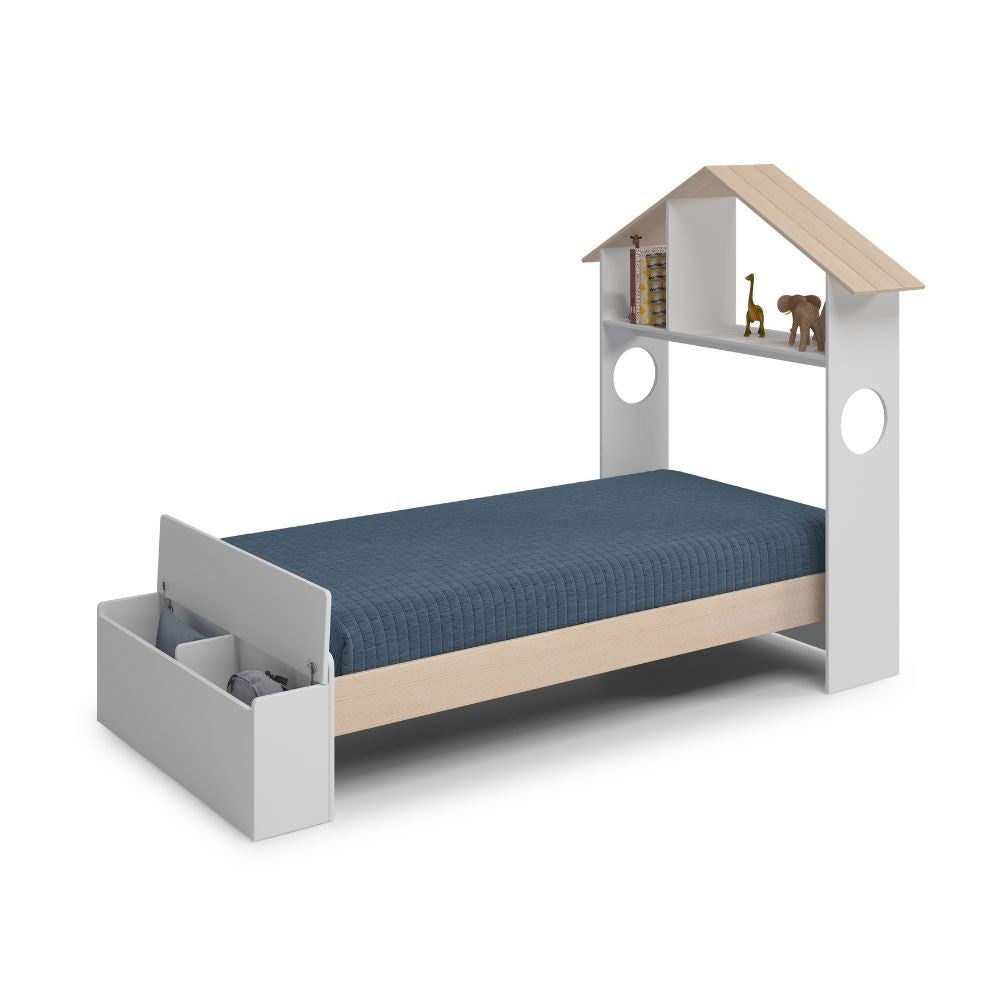 Letto singolo Odessa con testiera casetta e pediera contenitore in legno massiccio colore bianco