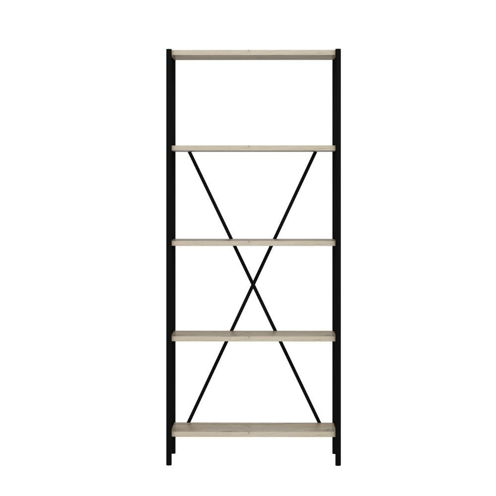 Libreria Axel con struttura in metallo nero e 5 mensole in rovere sonoma