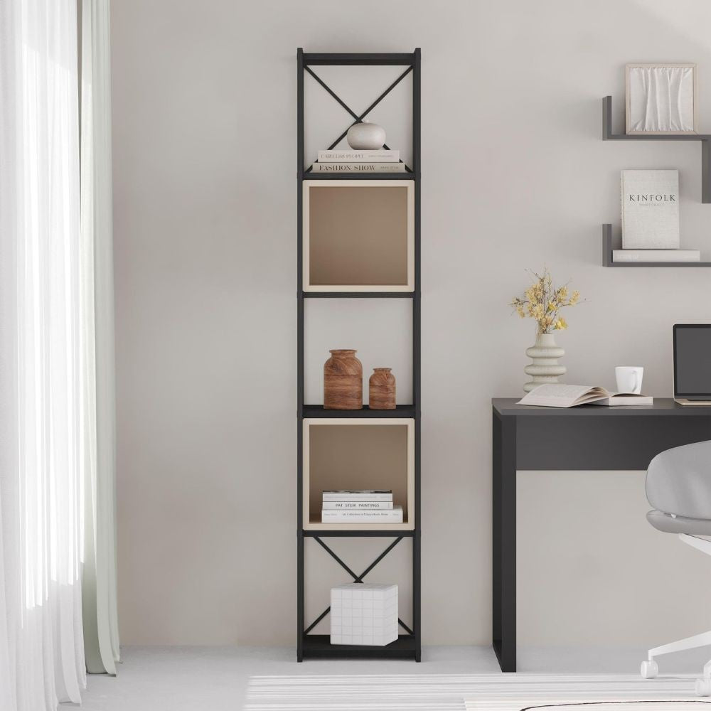 Libreria Vale mini con struttura in metallo nero e cubotti cashmere