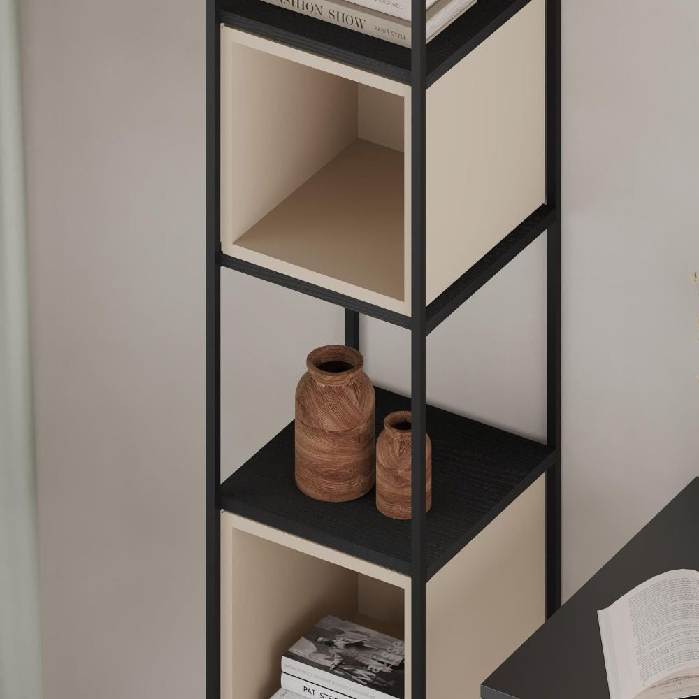 Libreria Vale mini con struttura in metallo nero e cubotti cashmere