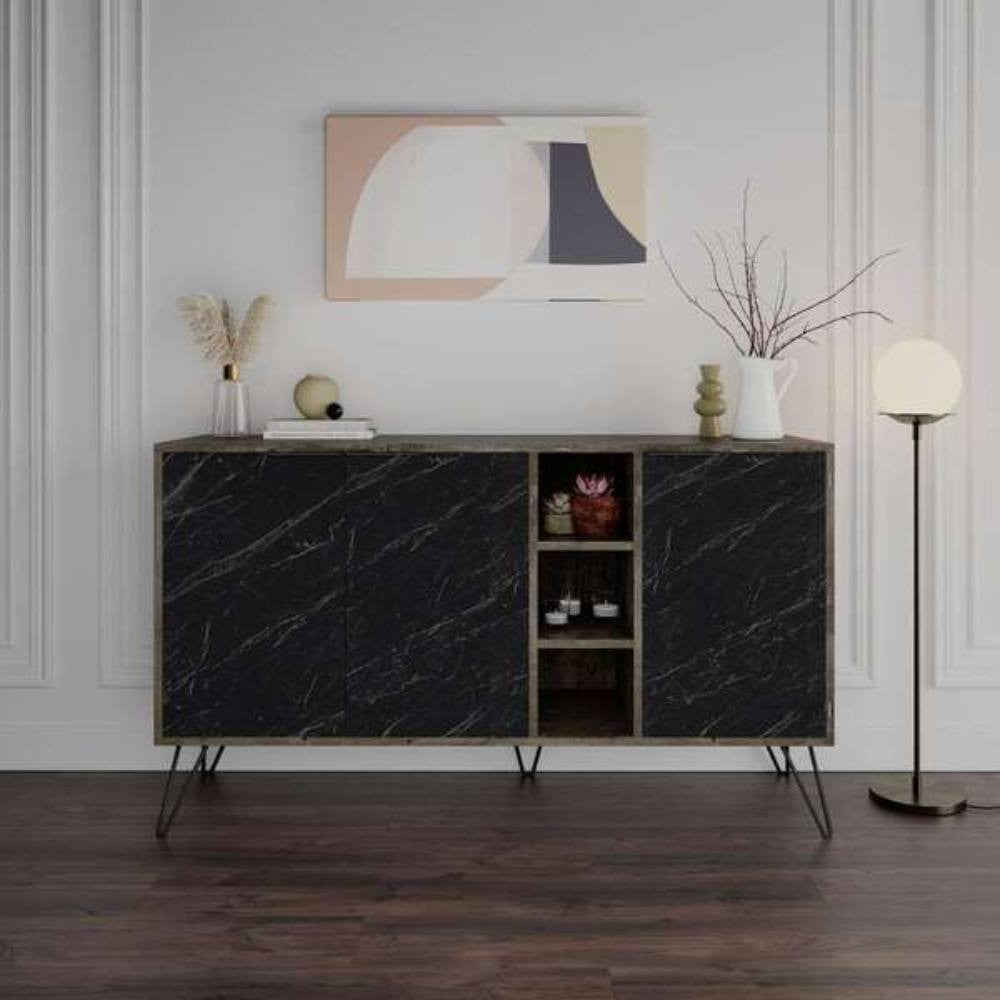 Madia Clara Bendir dark coffe 3 ante effetto marmo nero 142x35,6x83h
