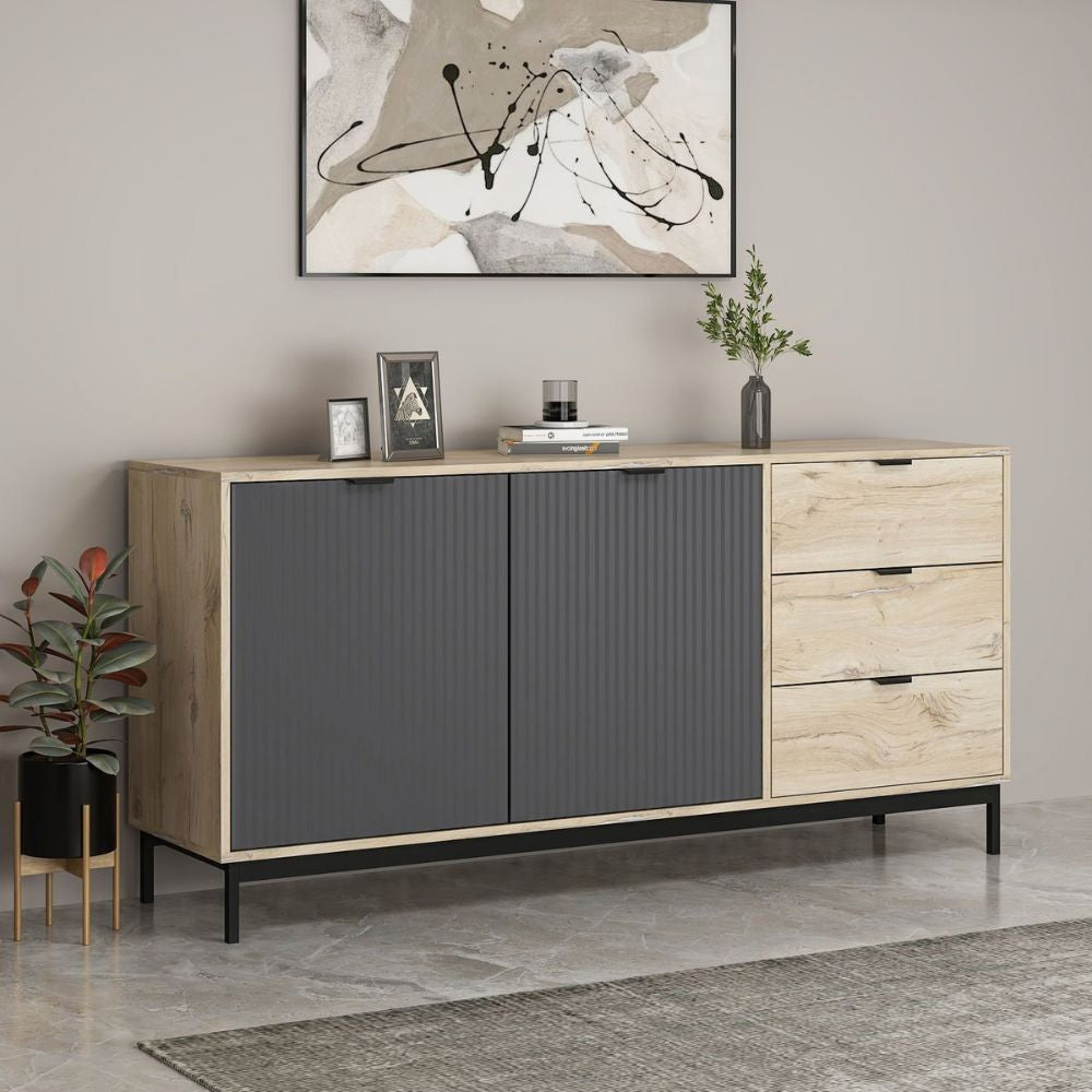 Madia Esta 180 con 2 ante colore antracite effetto cannettato e 3 cassetti rovere sonoma