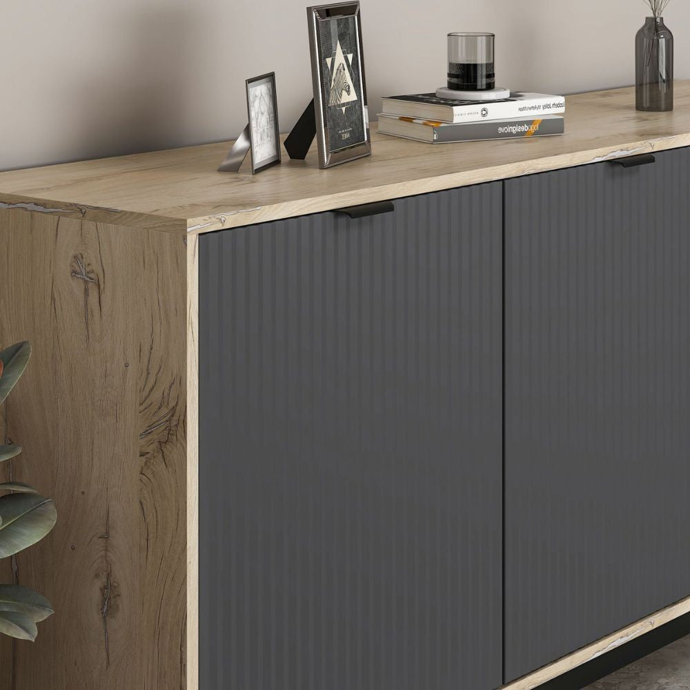 Madia Esta 180 con 2 ante colore antracite effetto cannettato e 3 cassetti rovere sonoma