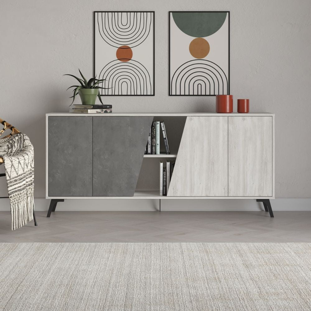 Madia Fiona 180 cm. con 2 ante bianco vintage e due ante retro grey