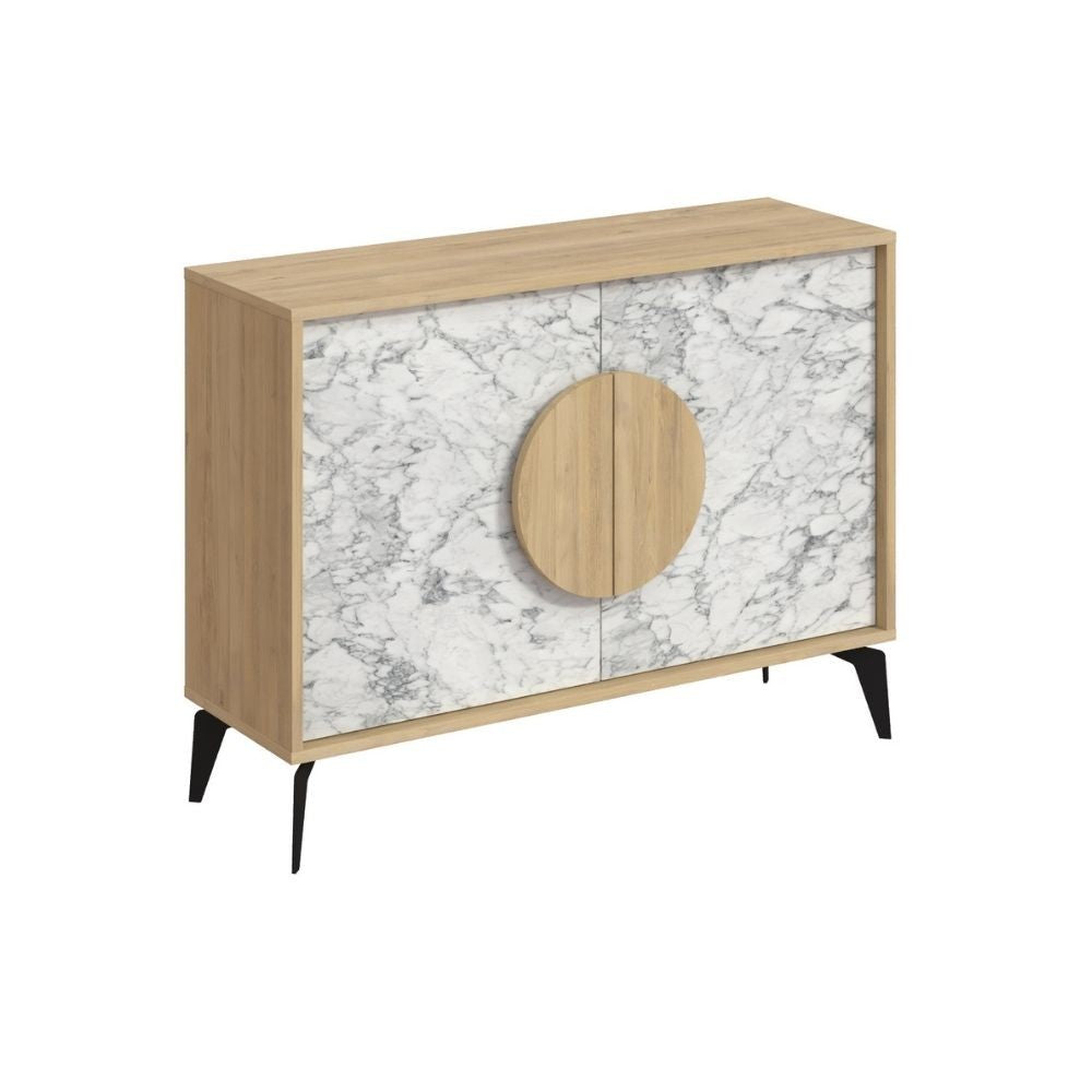 Madia Gora 110 cm struttura colore rovere con ante carrara effetto marmo bianco