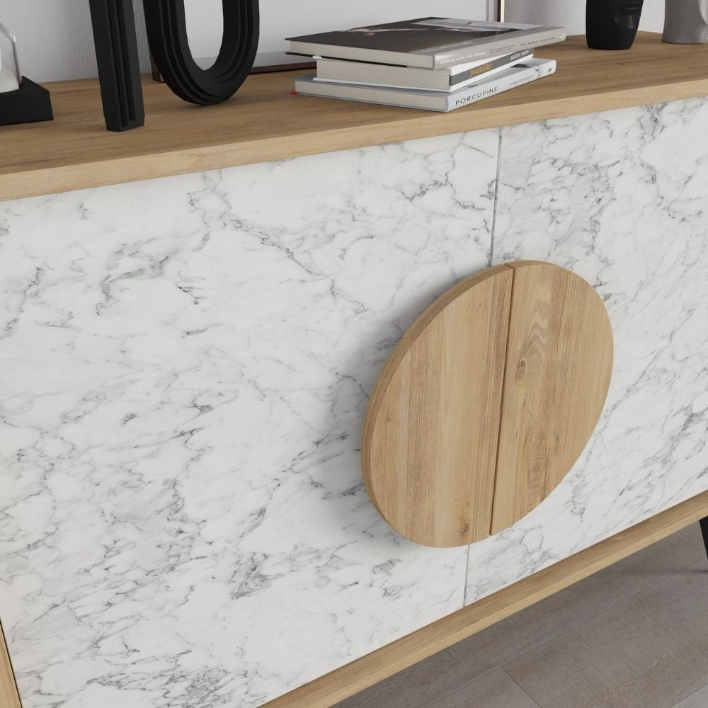 Madia Gora 110 cm struttura colore rovere con ante carrara effetto marmo bianco