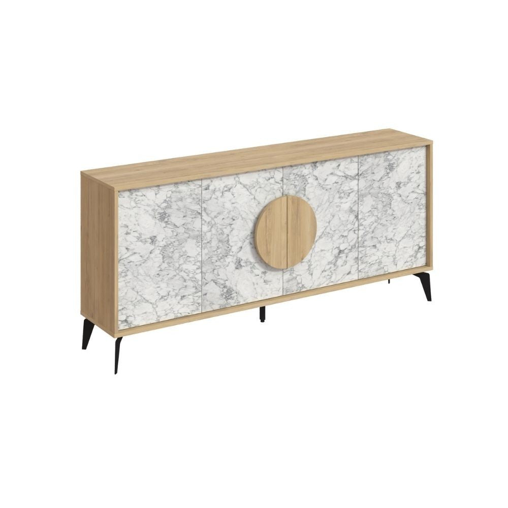 Madia Gora 180 cm struttura colore rovere con ante carrara effetto marmo bianco