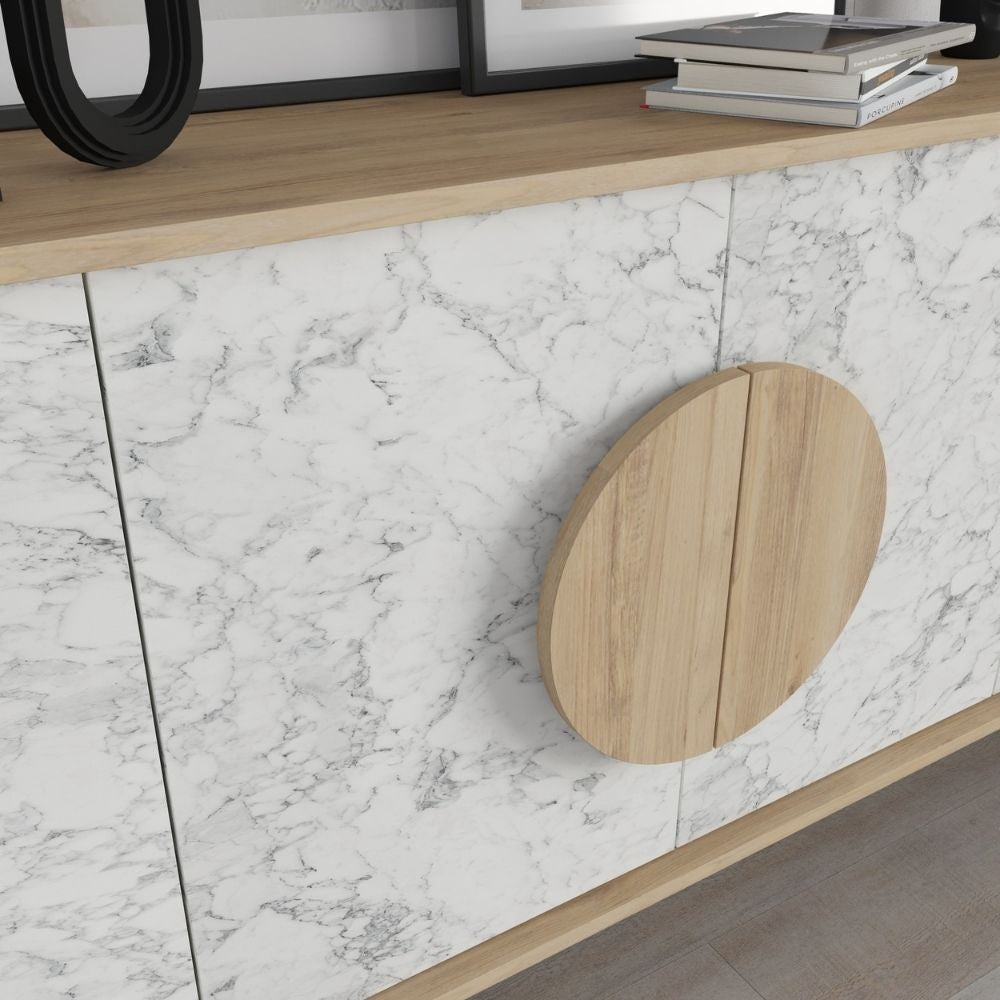 Madia Gora 180 cm struttura colore rovere con ante carrara effetto marmo bianco