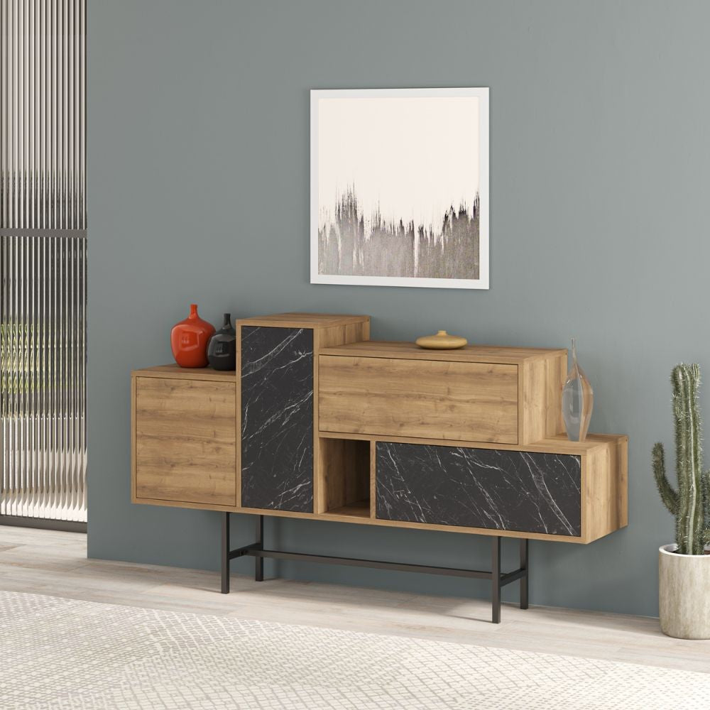 Madia Hermes colore hitit noce con ante e cassetti effetto marmo nero 160 cm