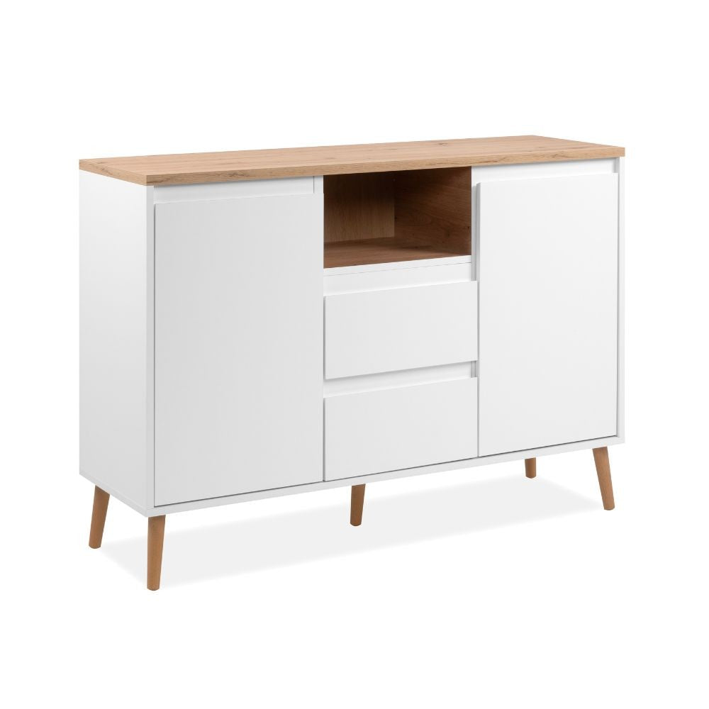 Madia Linz01B 2 ante 2 cassetti con piano e gambe rovere e struttura colore bianco