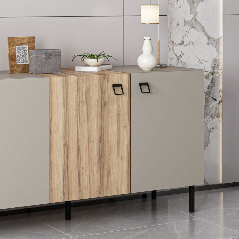Madia Mila con 3 ante cashmere e 1 anta rovere con maniglie e piedini neri