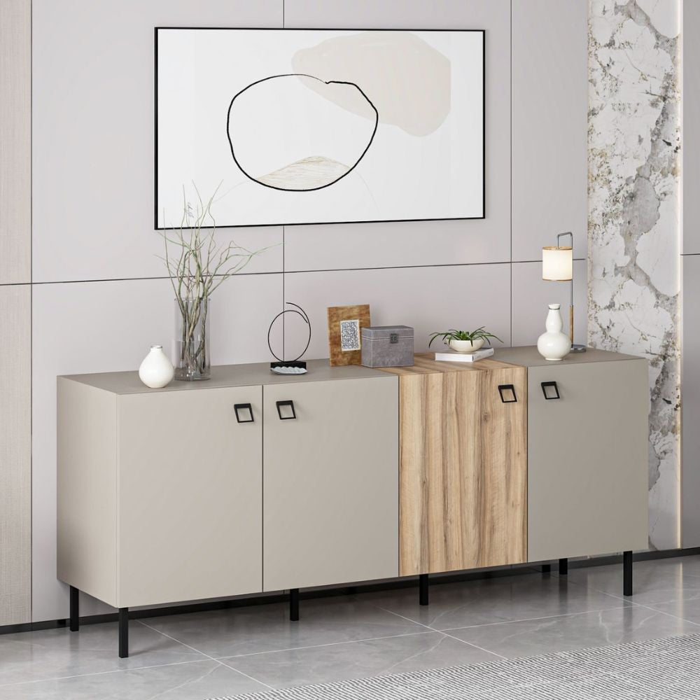Madia Mila con 3 ante cashmere e 1 anta rovere con maniglie e piedini neri