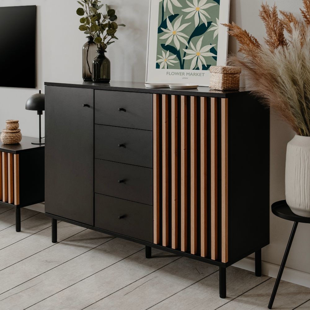 Madia Monza 01B con 2 ante e 4 cassetti colore nero con listelli rovere effetto cannettato