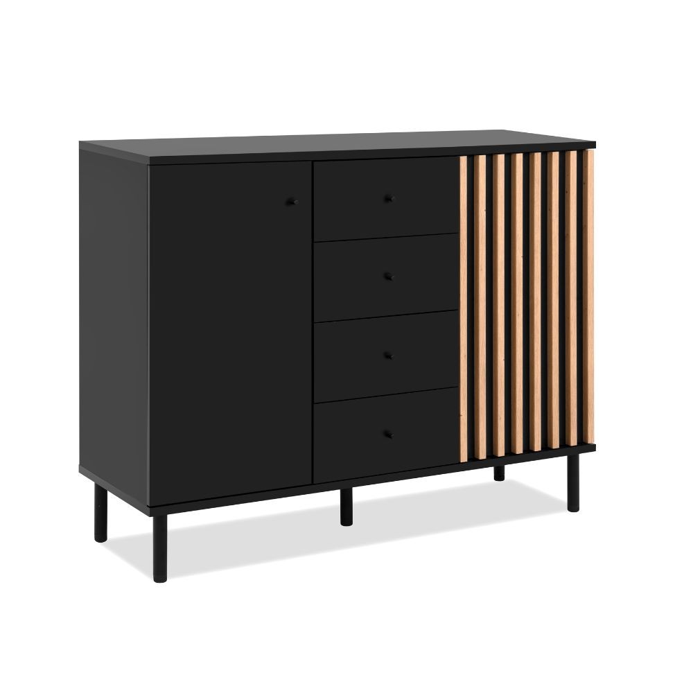 Madia Monza 01B con 2 ante e 4 cassetti colore nero con listelli rovere effetto cannettato