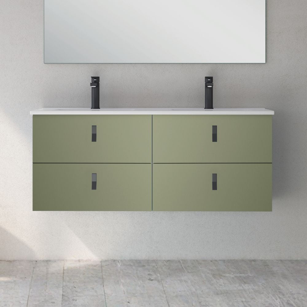 Mobile bagno sospeso Invicta con 4 cassetti colore verde oliva con maniglie nere 120x45x48 cm.