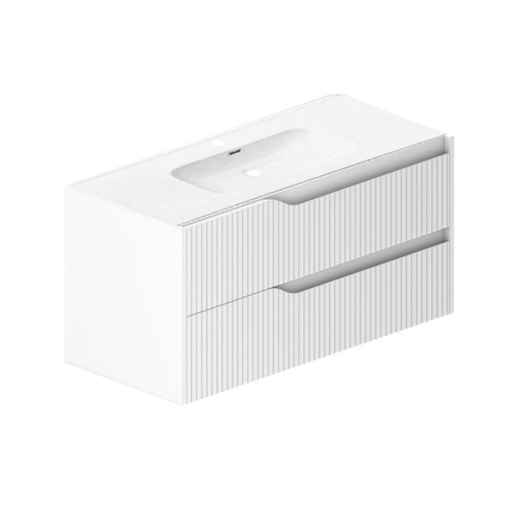 Mobile bagno sospeso Soho con due cassetti effetto cannettato colore bianco opaco 100x45x50 cm.