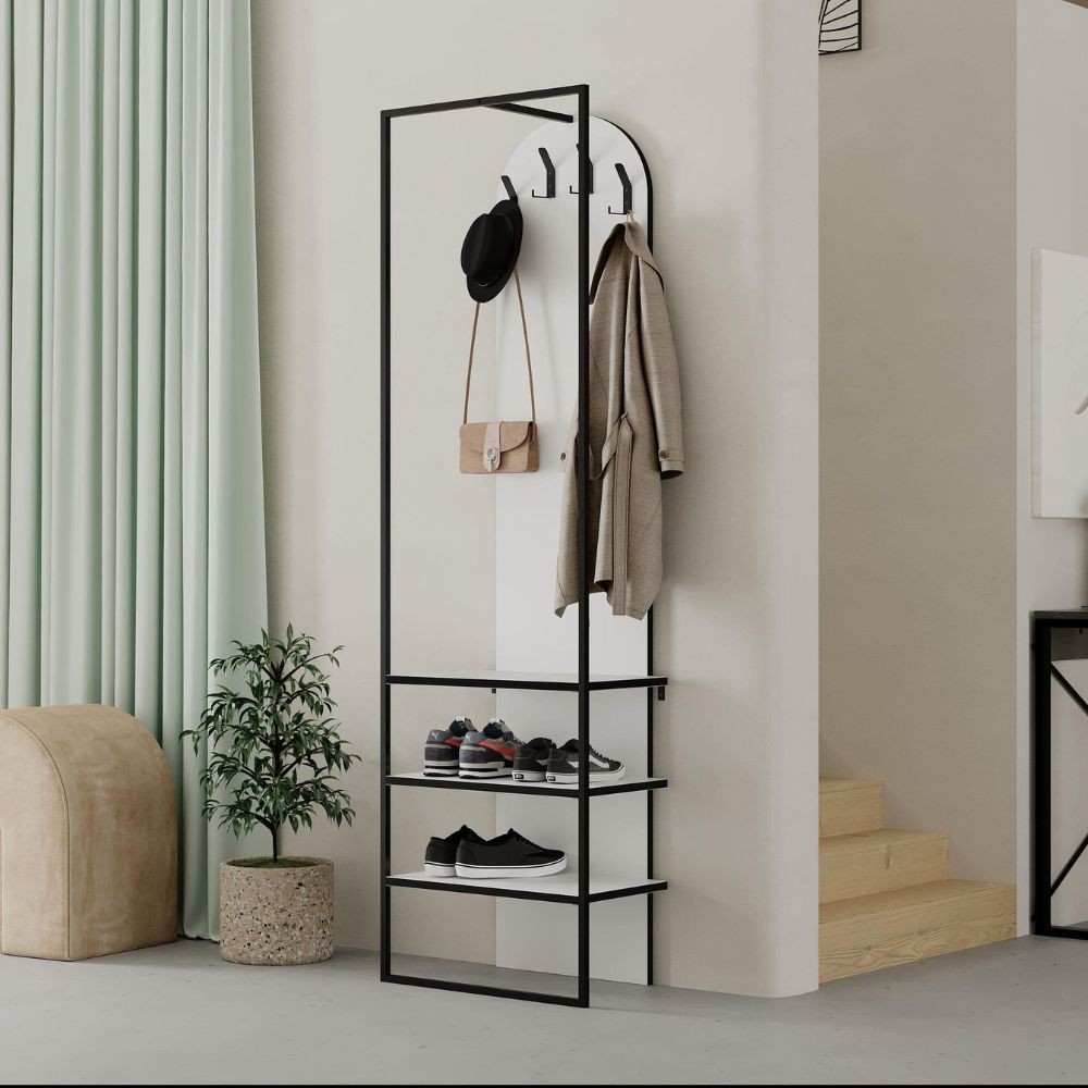 Mobile ingresso Archy con 4 ganci appendi abiti e scarpiera in colore bianco