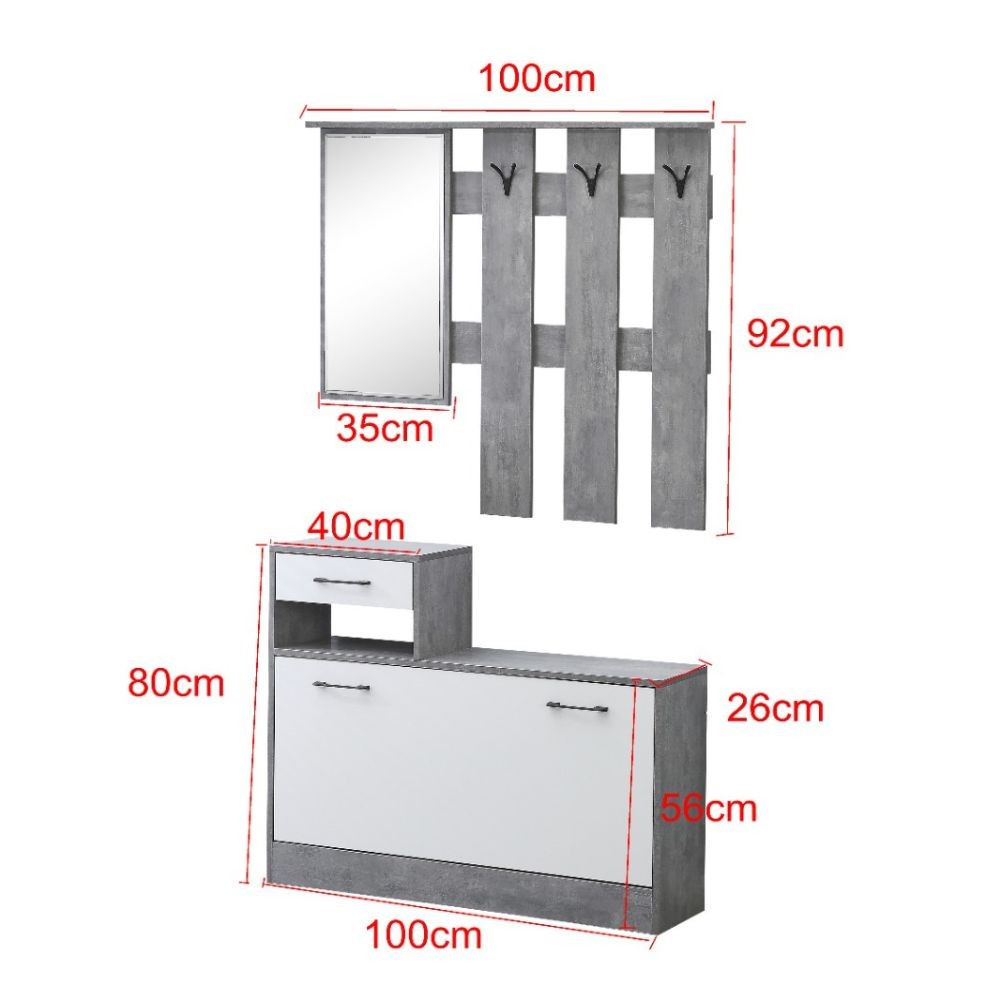 Mobile ingresso Rudolf XL con specchio e scarpiera colore bianco con maniglie nere