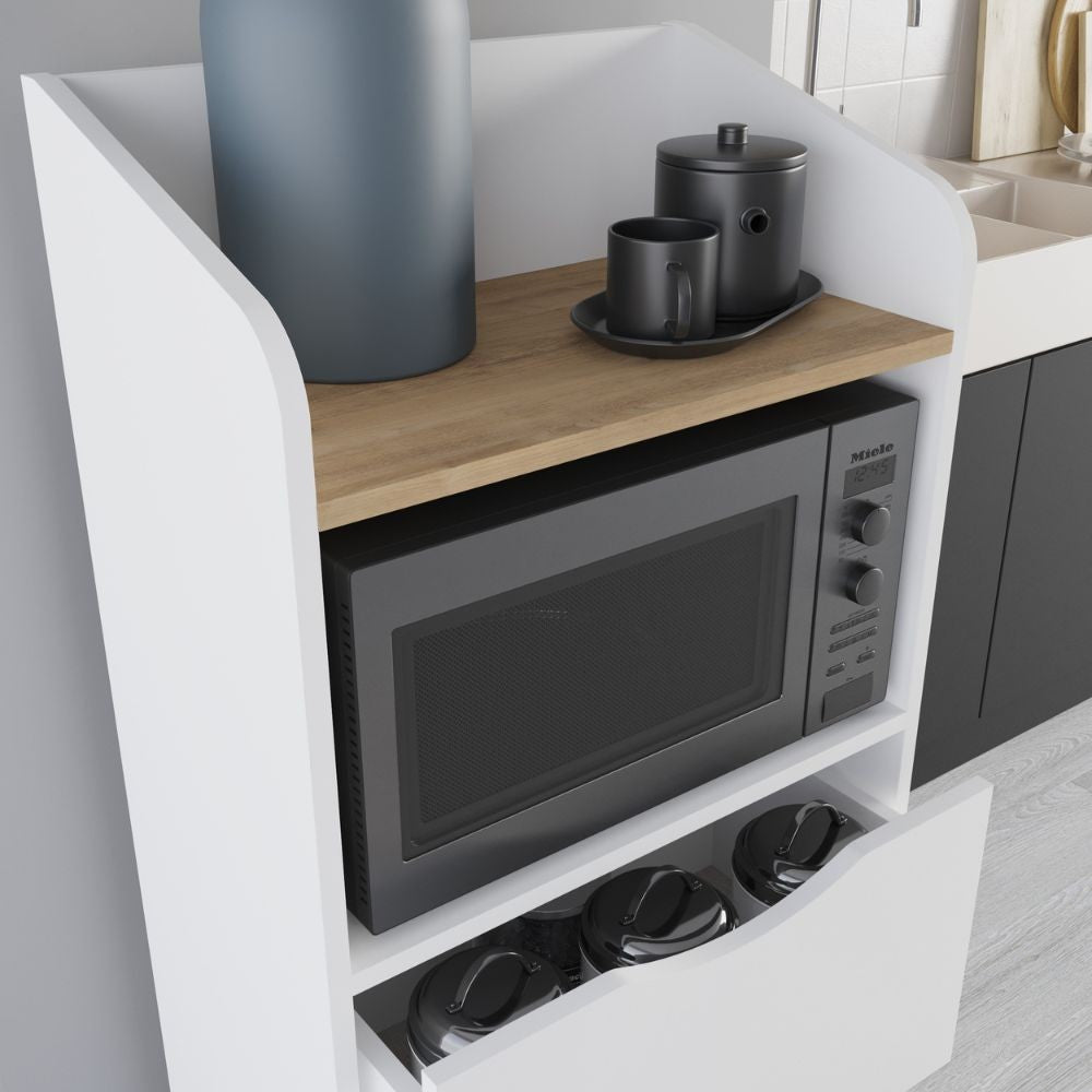 Mobile multiuso Gorki con cassetti bianchi e ripiano rovere