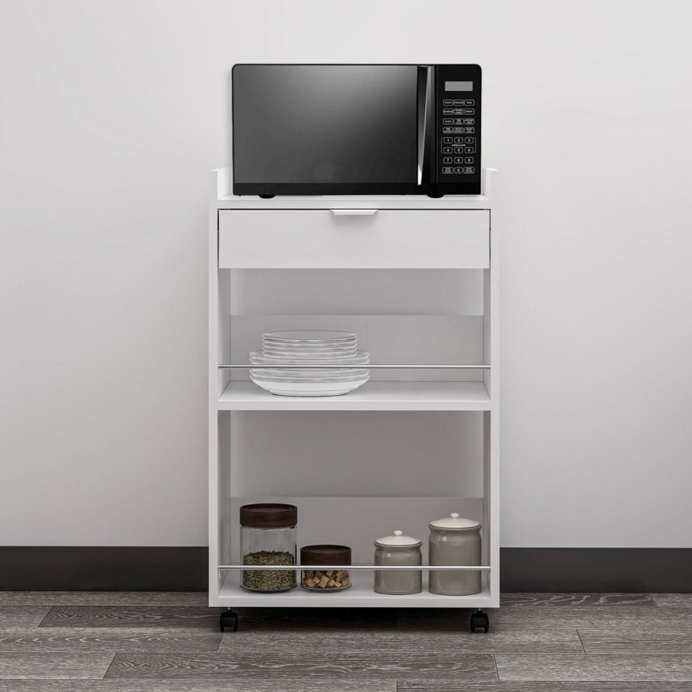 Mobile multiuso Liana con 2 nicchie a giorno e un cassetto colore bianco con rotelle