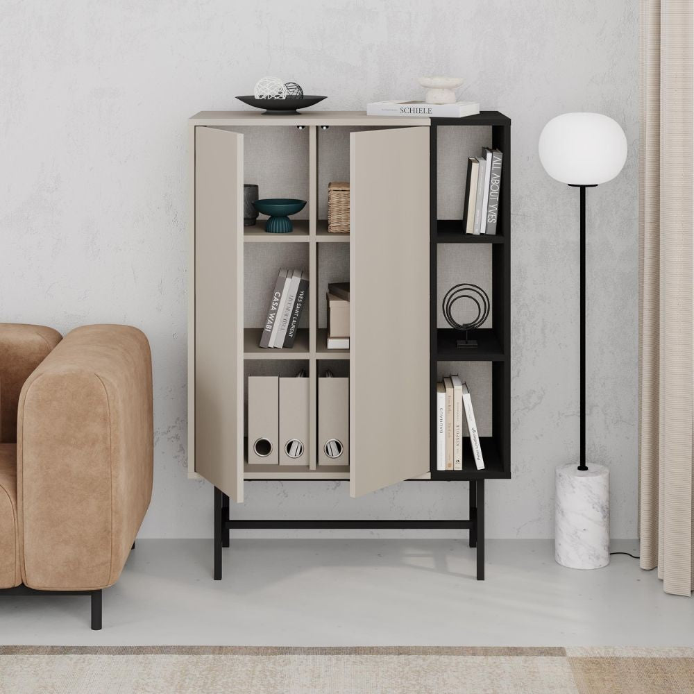 Mobile multiuso Mona con due ante cashmere e tre nicchie a giorno nere