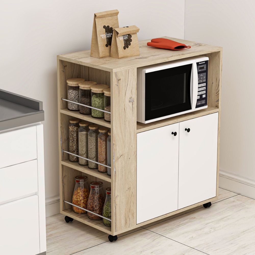 Mobile multiuso Monni struttura colore rovere con 2 ante colore bianche e vani laterali