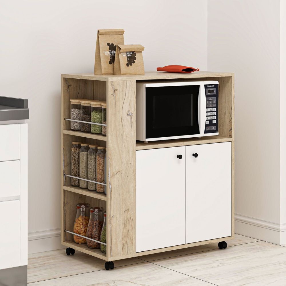 Mobile multiuso Monni struttura colore rovere con 2 ante colore bianche e vani laterali