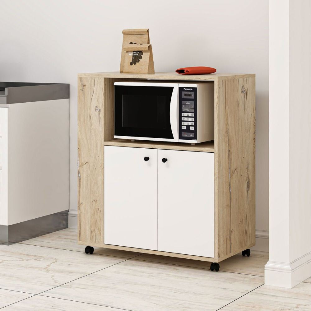 Mobile multiuso Monni struttura colore rovere con 2 ante colore bianche e vani laterali