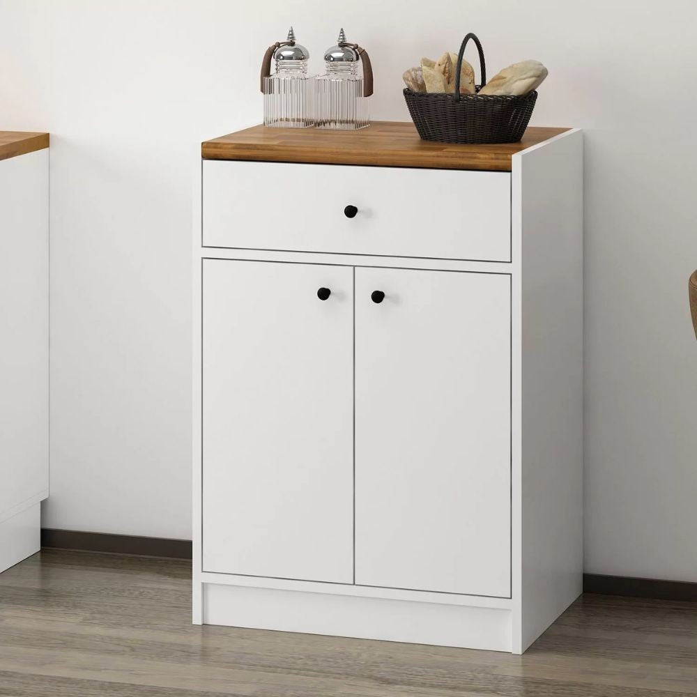 Mobile multiuso Viola con 2 ante e 1 cassetto colore bianco con top rovere scuro