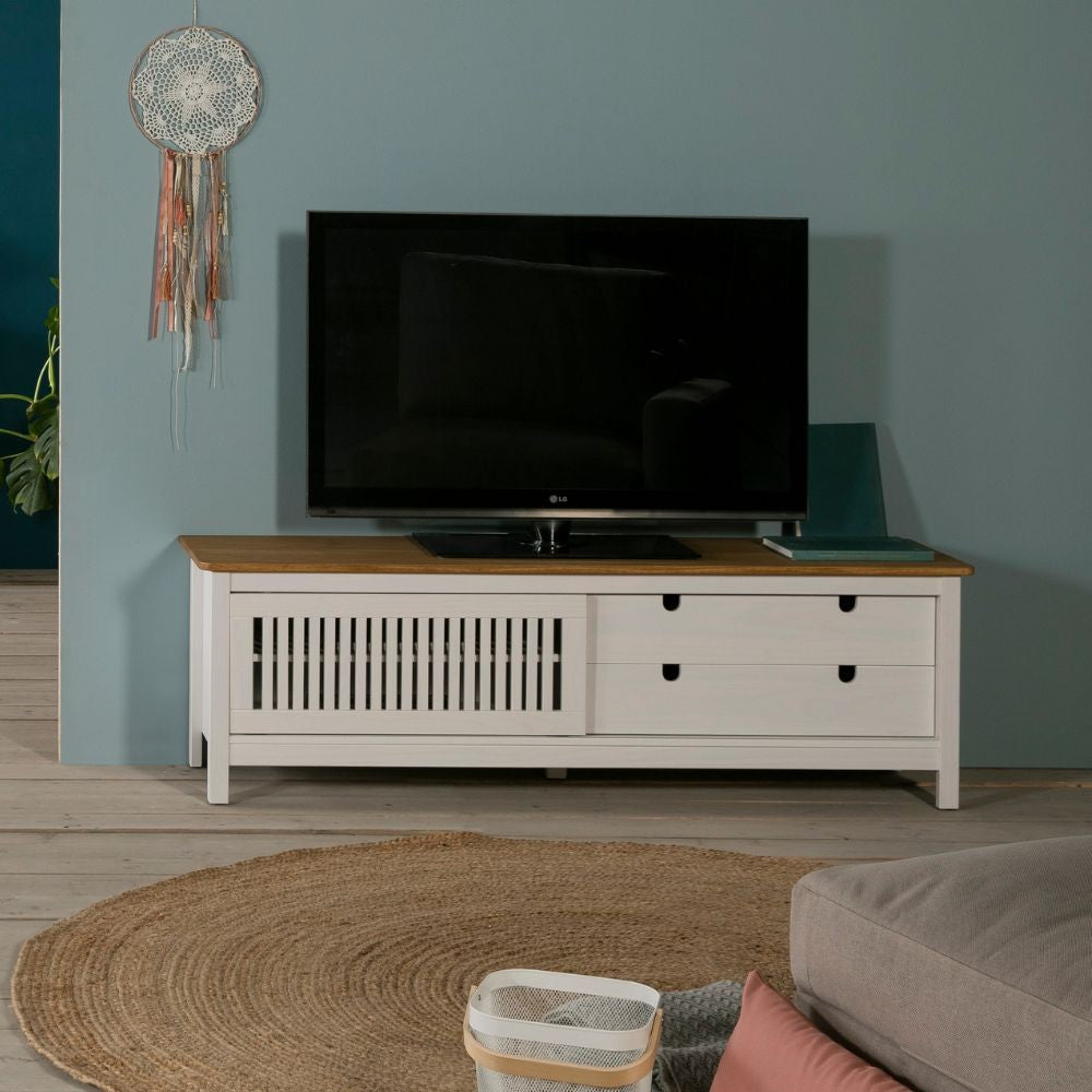 Mobile porta tv Bruna con 1 anta scorrevole e 2 cassetti in legno massiccio bianco e top pino