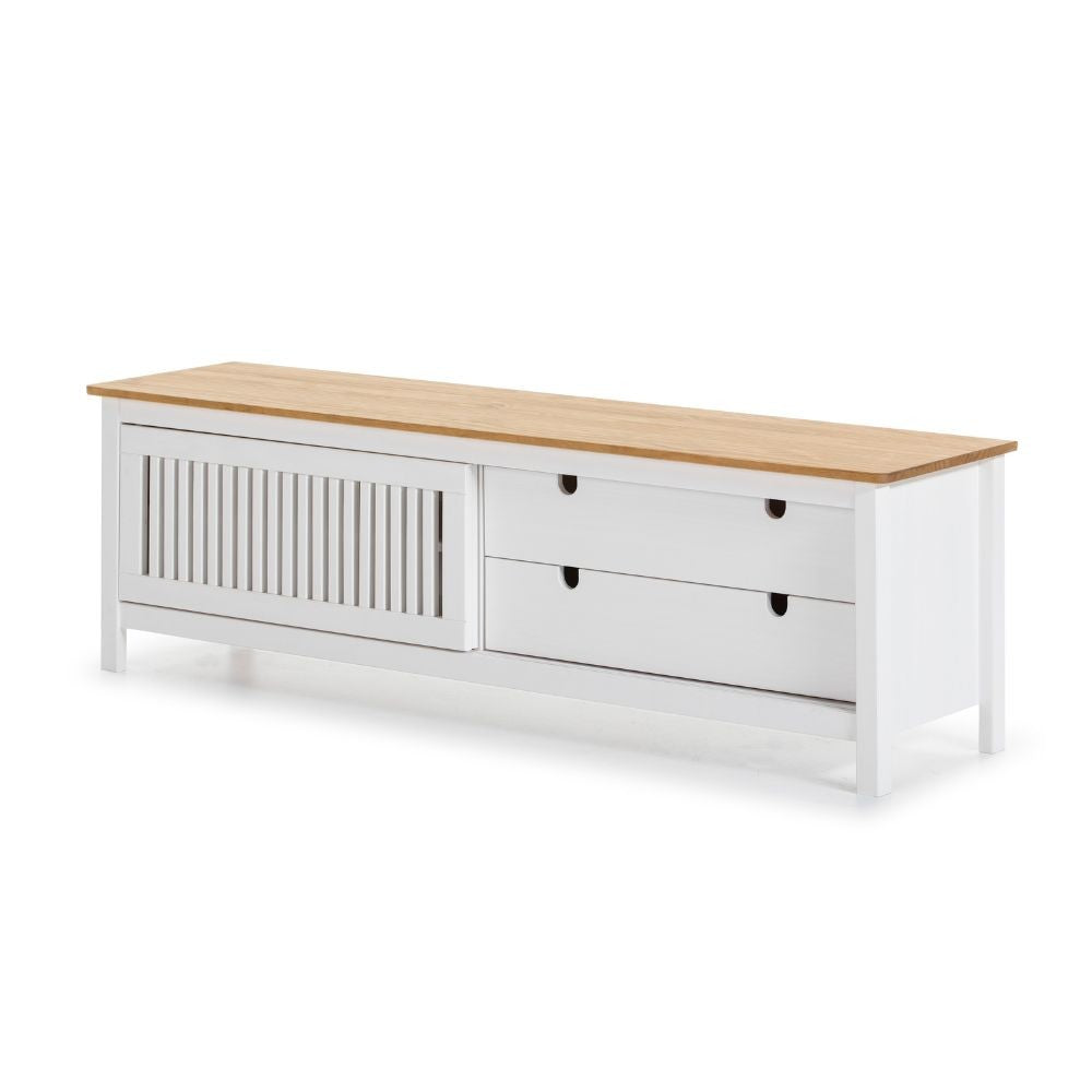 Mobile porta tv Bruna con 1 anta scorrevole e 2 cassetti in legno massiccio bianco e top pino