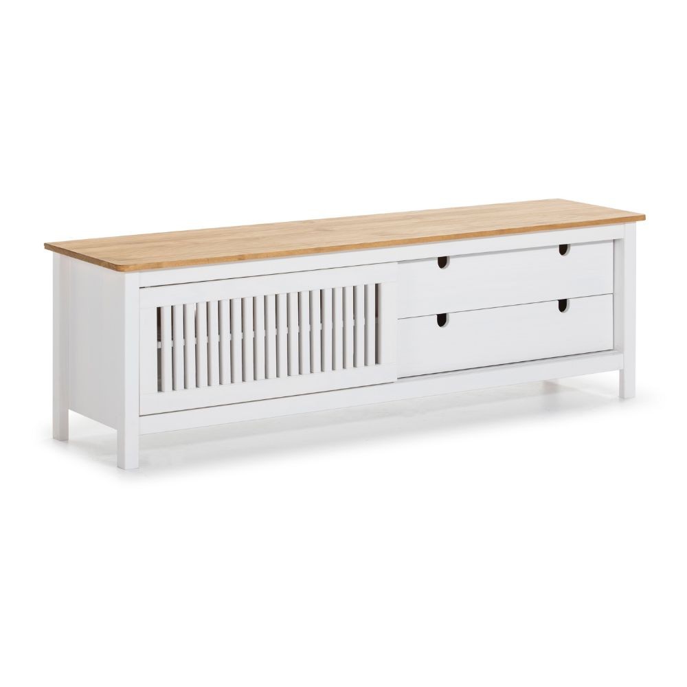 Mobile porta tv Bruna con 1 anta scorrevole e 2 cassetti in legno massiccio bianco e top pino