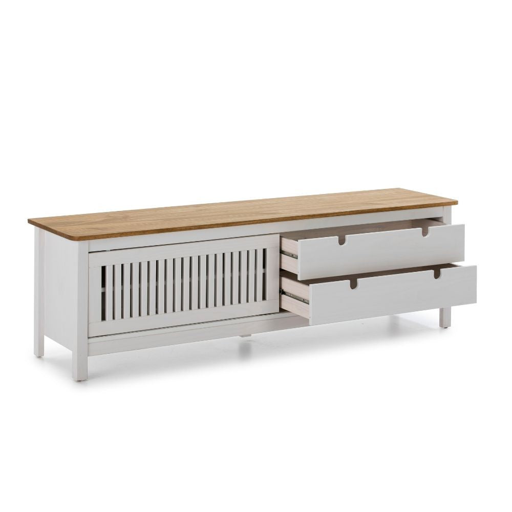 Mobile porta tv Bruna con 1 anta scorrevole e 2 cassetti in legno massiccio bianco e top pino