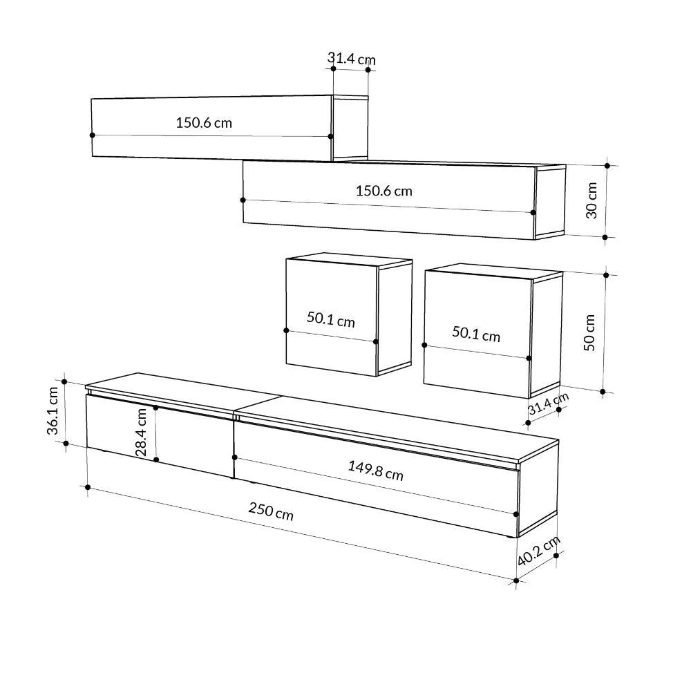Parete attrezzata Licia in tortora e hitit noce H 186x40x250 cm.