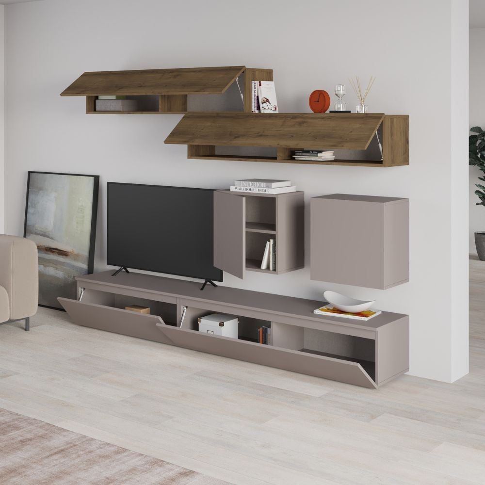 Parete attrezzata Licia in tortora e hitit noce H 186x40x250 cm.