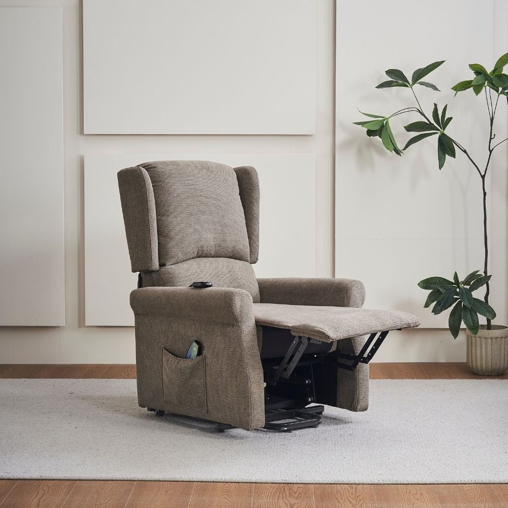 Poltrona alzapersona Tasmania con recliner elettrico 2 motori e 8 punti di massaggio in tessuto coffee