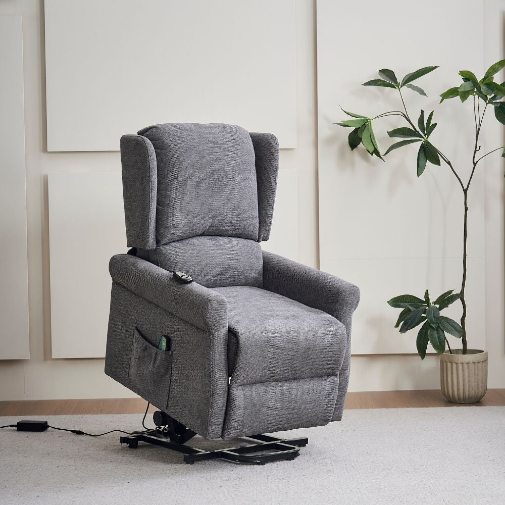Poltrona alzapersona Tasmania con recliner elettrico 2 motori e 8 punti di massaggio in tessuto grigio