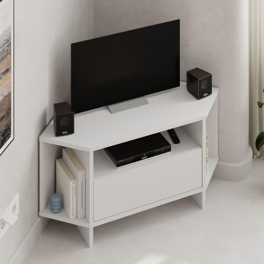 Porta tv angolare Viva con nicchie a giorno in colore bianco