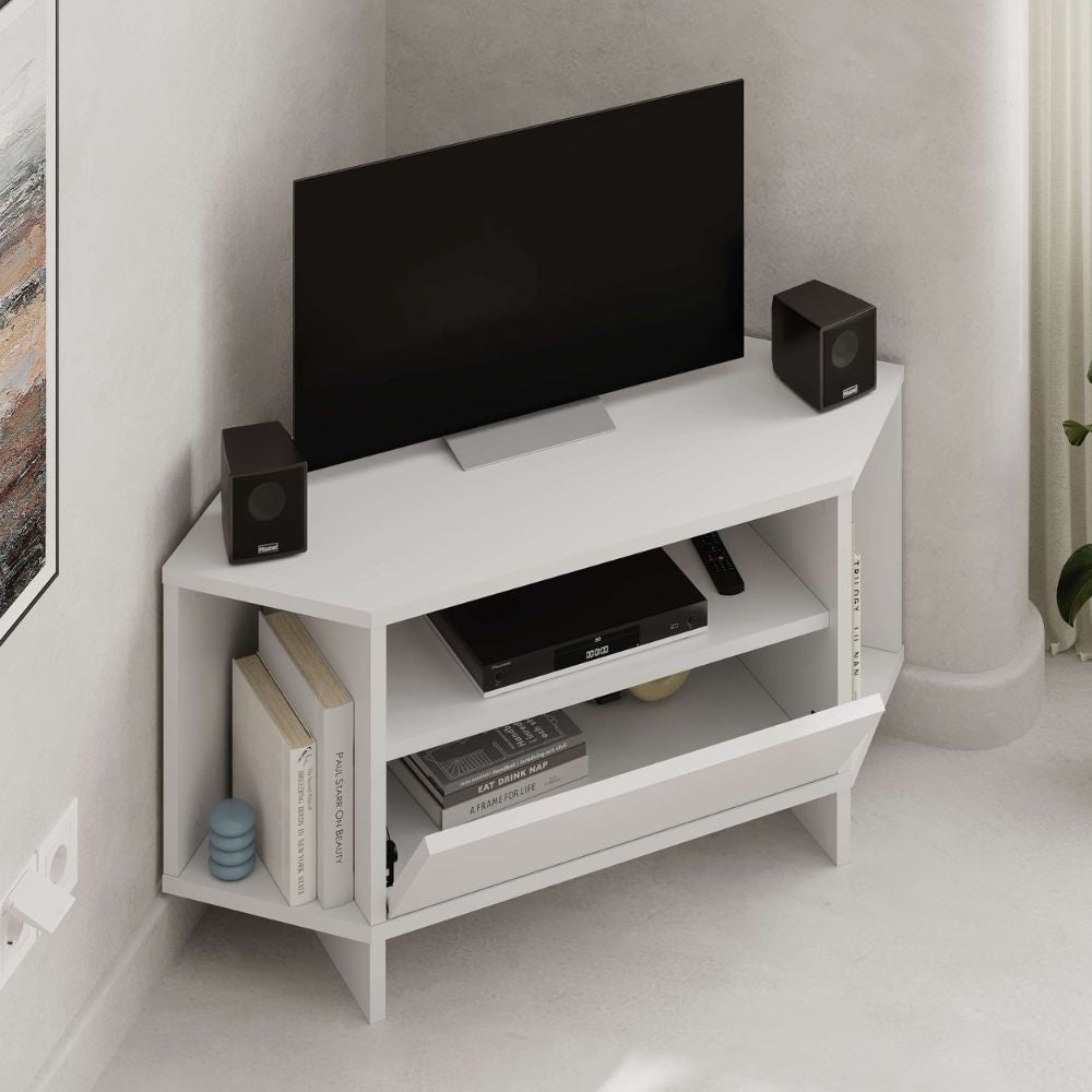 Porta tv angolare Viva con nicchie a giorno in colore bianco